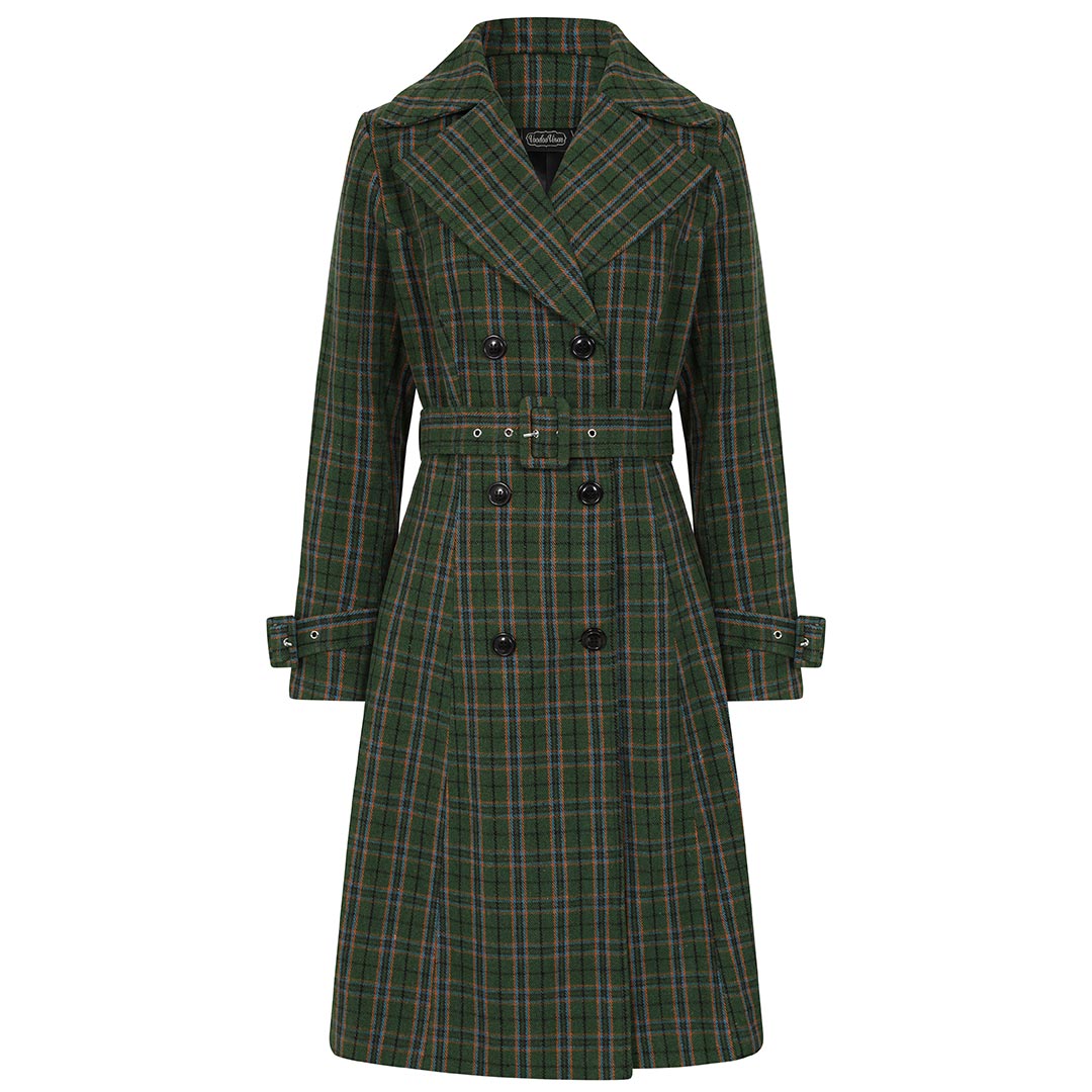 Green Double Breasted Vintage Check Print Winter Coat