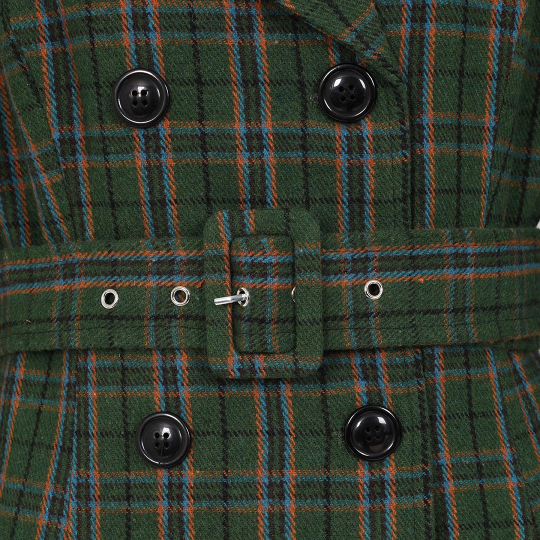 Green Double Breasted Vintage Check Print Winter Coat