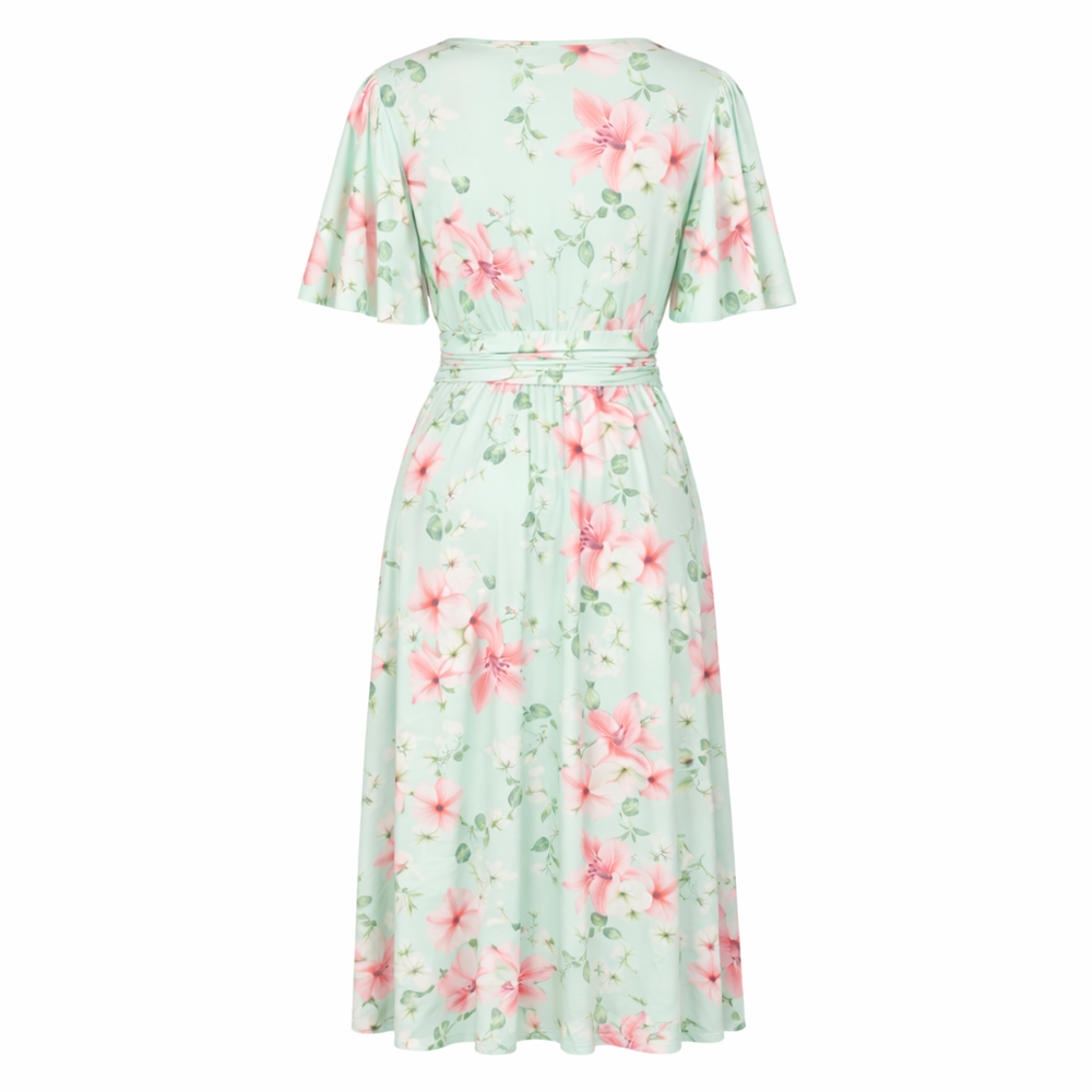 Mint Green Floral Wrap Midi Dress – Vintage Inspired 1950s Style Tea Dress with Tie Waist