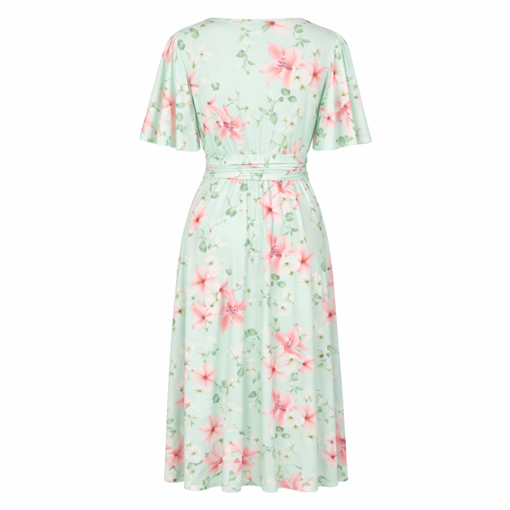 Mint Green Floral Wrap Midi Dress – Vintage Inspired 1950s Style Tea Dress with Tie Waist