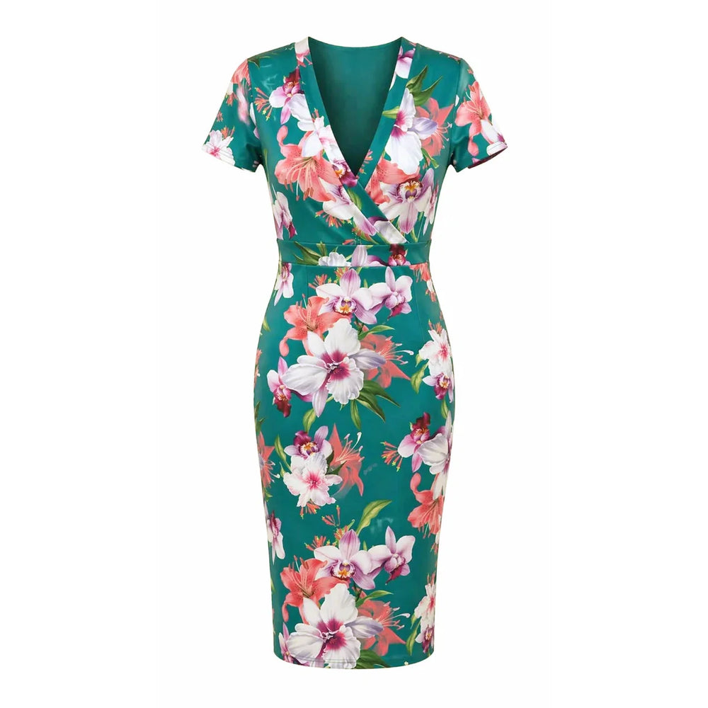 Green Tropical Floral Wiggle Dress – Vintage Style Pencil Dress with V Neck