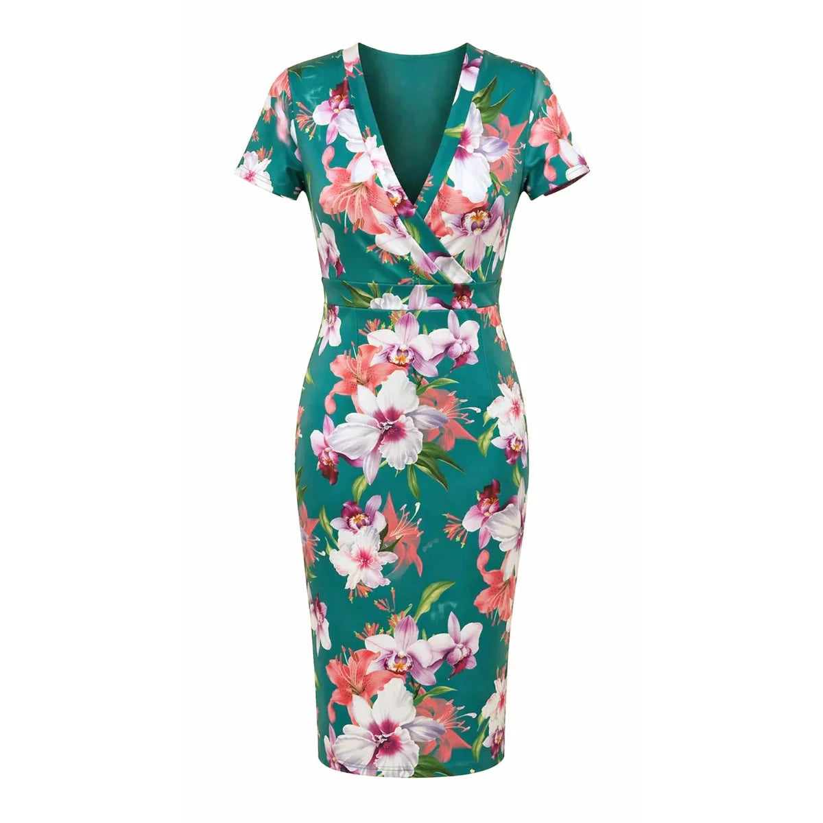 Green Tropical Floral Wiggle Dress – Vintage Style Pencil Dress with V Neck