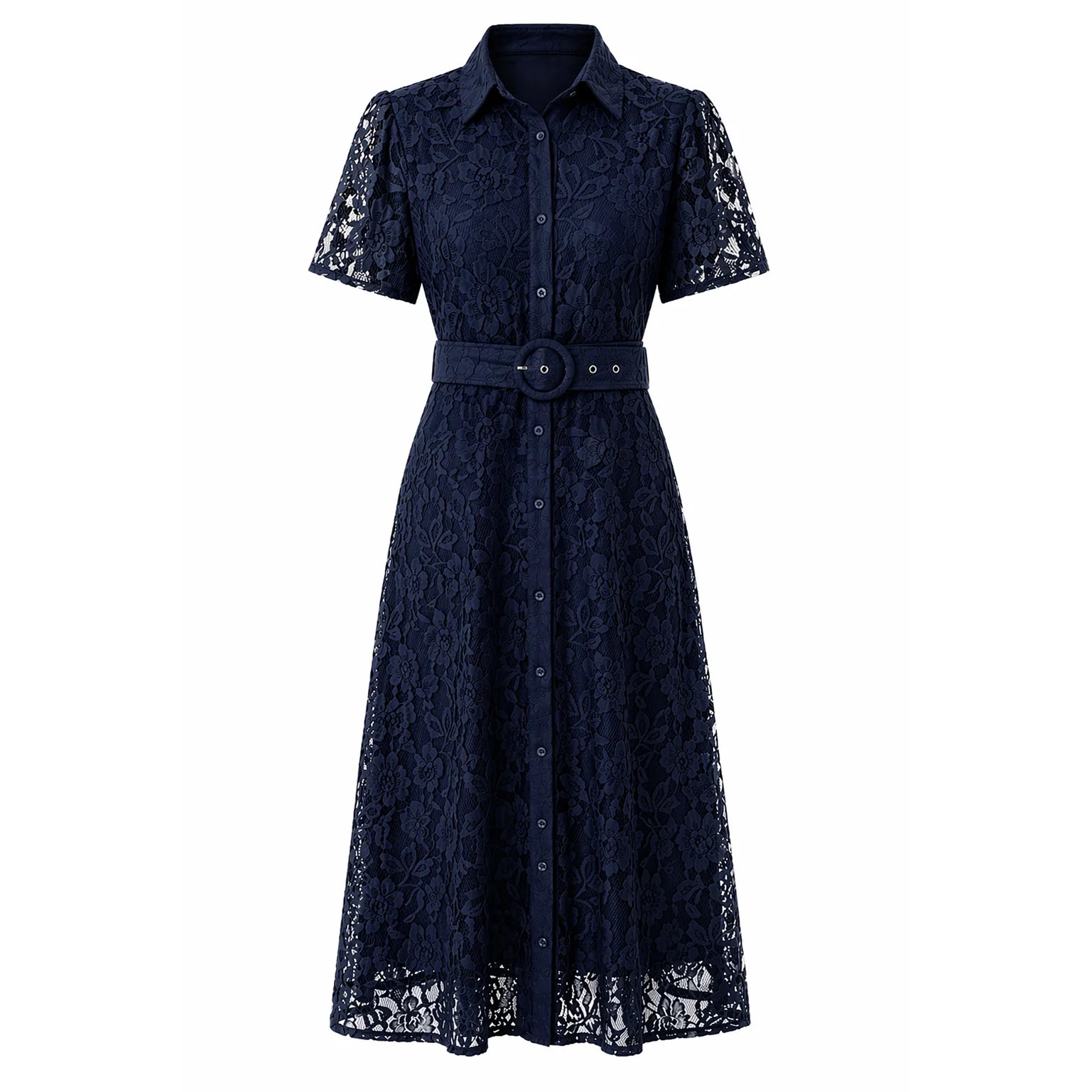 Navy Lace Short Sleeve Button Shirt Midi Tea Dress