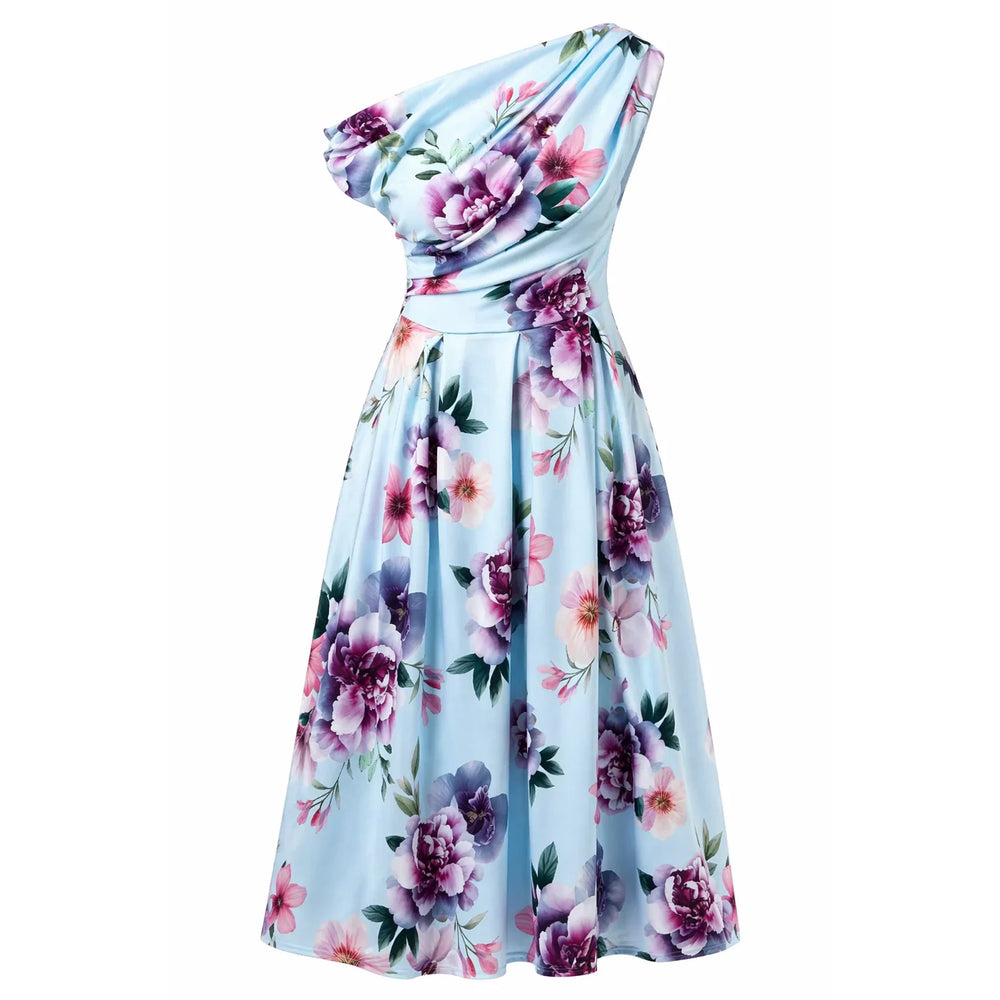Asymmetric Off Shoulder Blue Floral Midi Dress With Pockets