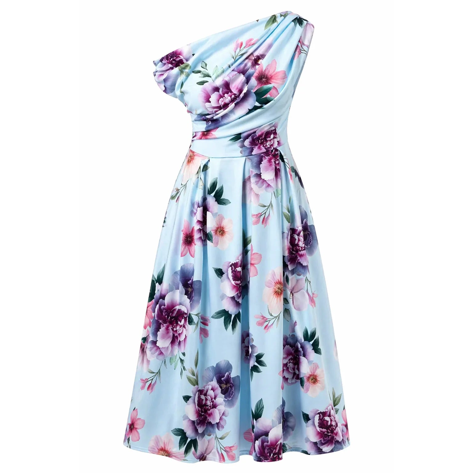 Asymmetric Off Shoulder Blue Floral Midi Dress With Pockets