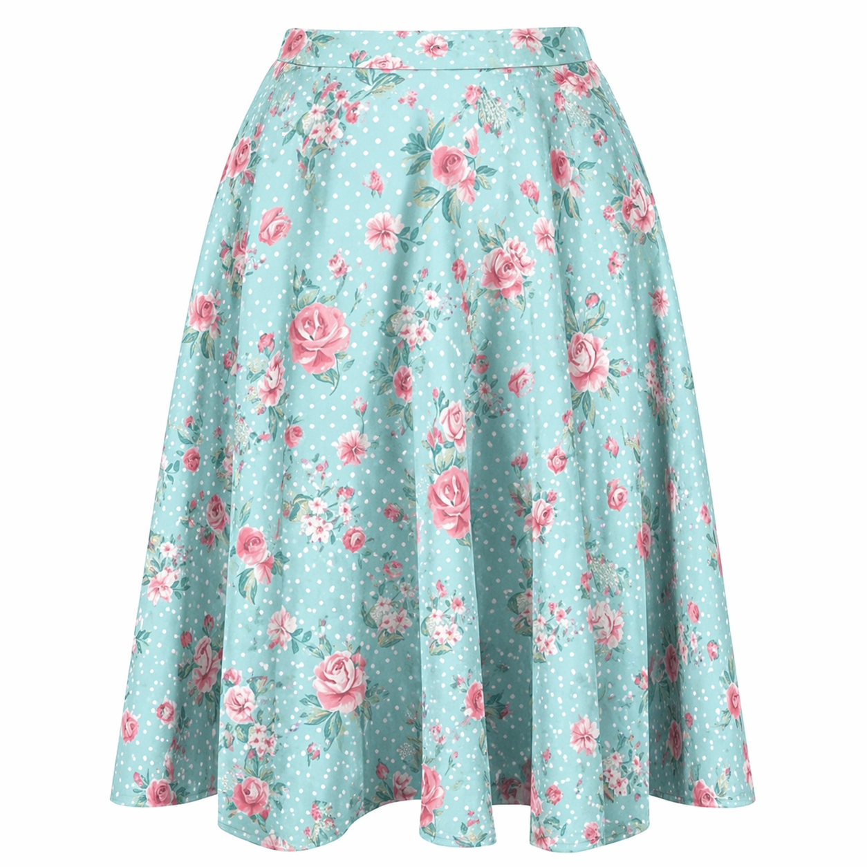 Blue Pink Floral Polka Dot Swing Skirt – 1950s A-Line Full Skirt with High Waist
