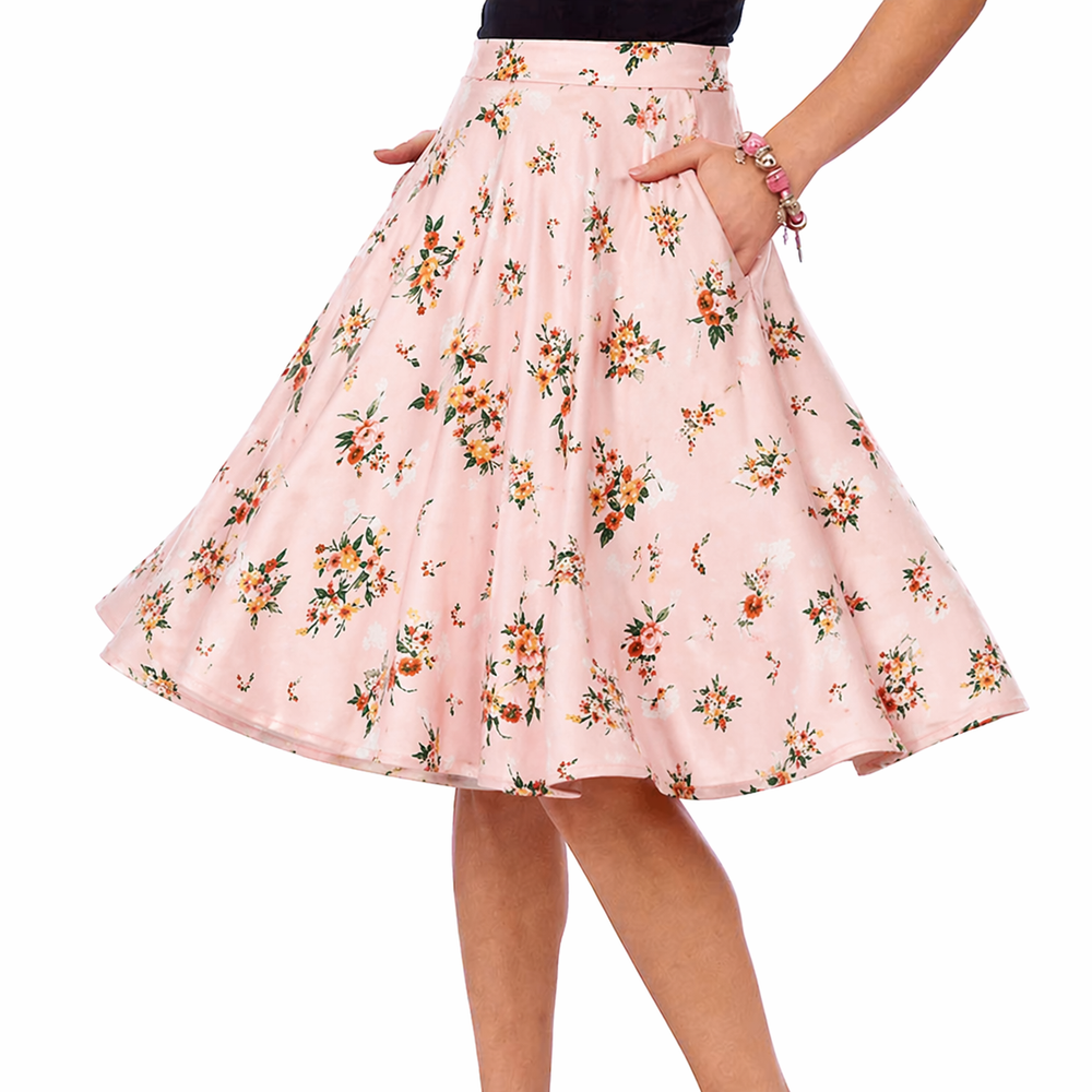 Summer Pink Floral Swing Skirt – 1950s A-Line Full Skirt with High Waist