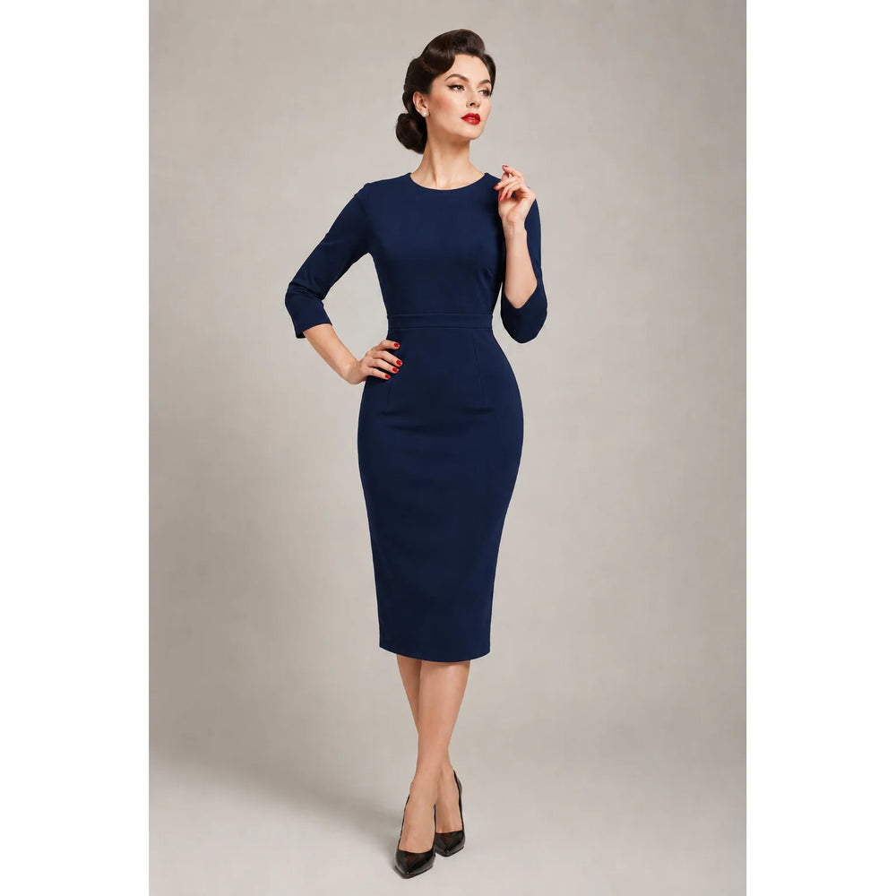 Navy Blue Vintage Style Pencil Dress – 3/4 Sleeve Midi Wiggle Dress