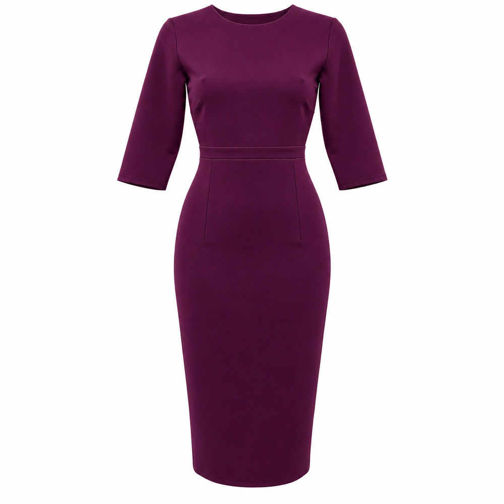 Purple Berry Vintage Style Pencil Dress – 3/4 Sleeve Midi Wiggle Dress