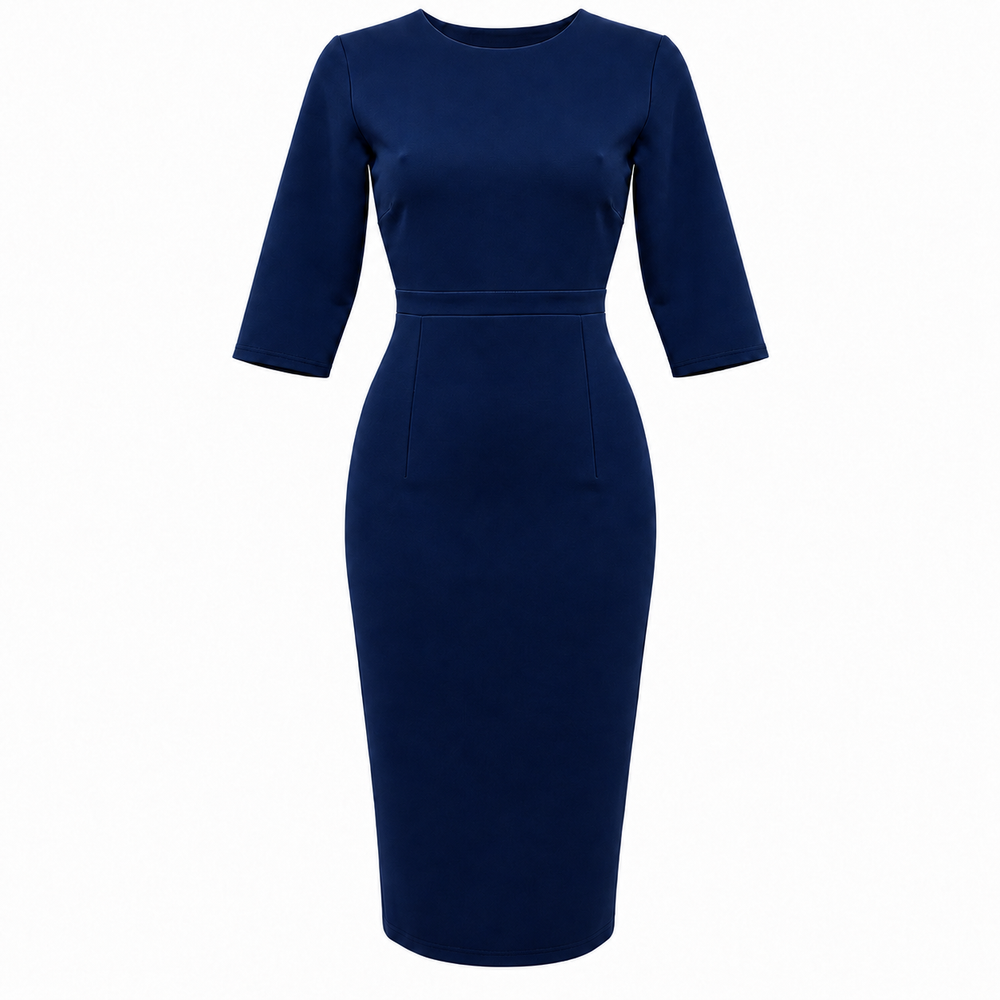 Navy Blue Vintage Style Pencil Dress – 3/4 Sleeve Midi Wiggle Dress