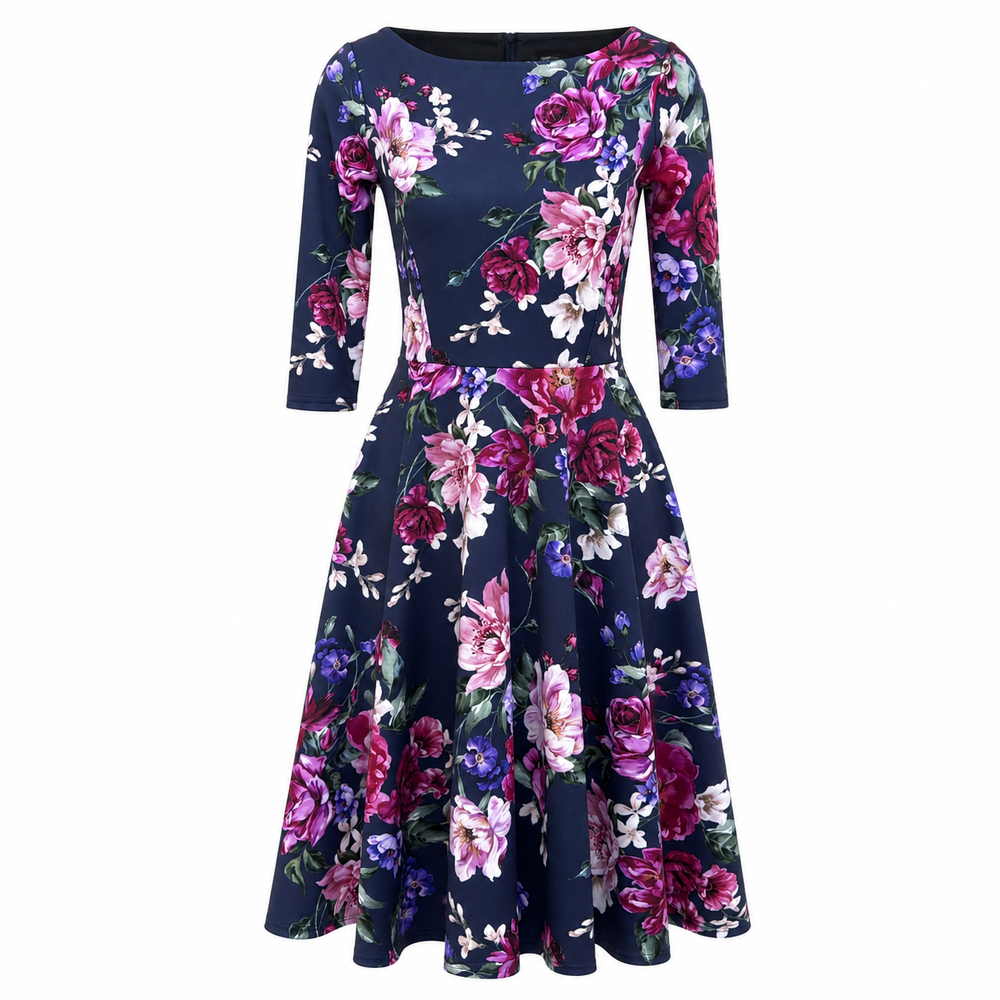 Navy Floral 1950s Fit & Flare Dress with 3/4 Sleeves