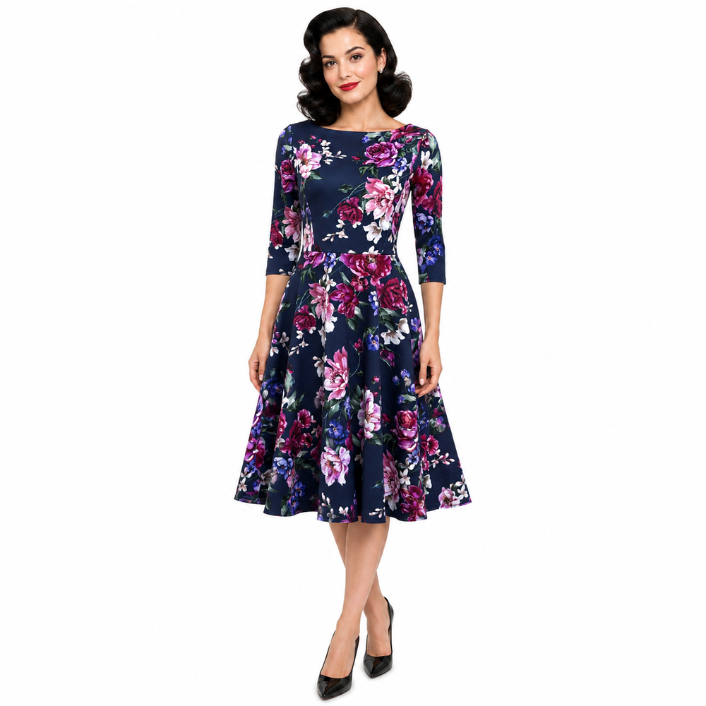 Navy Floral 1950s Fit & Flare Dress with 3/4 Sleeves
