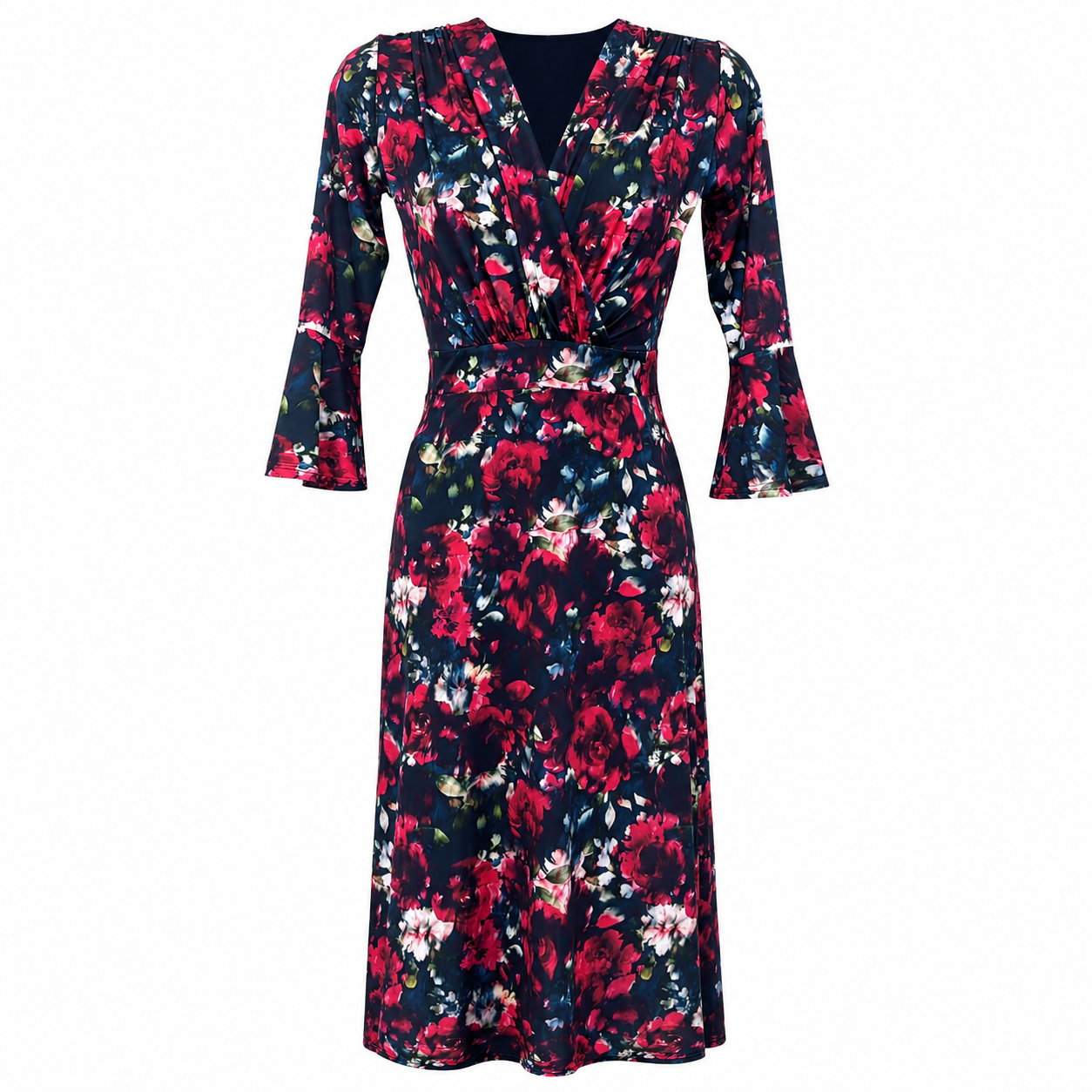Navy Red Floral Wrap Midi Dress with 3/4 Peplum Sleeves
