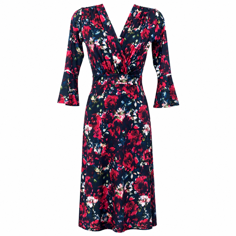 Navy Red Floral Wrap Midi Dress with 3/4 Peplum Sleeves