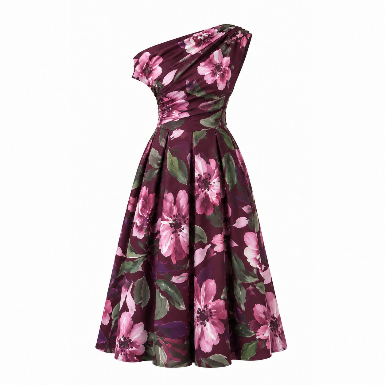 Berry Pink Floral Off Shoulder Midi Dress With Pockets
