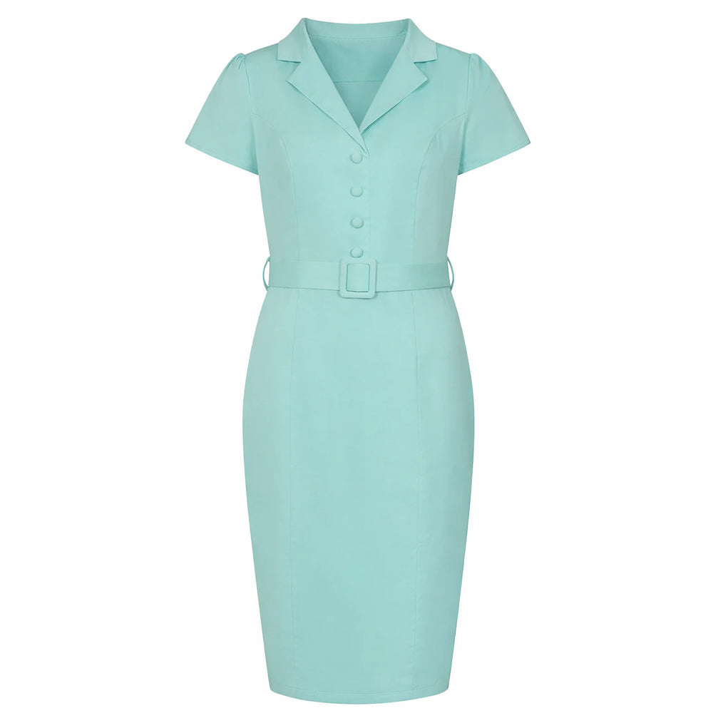 Mint Green Office Work Cap Sleeve 1940s Wiggle Dress With Belt
