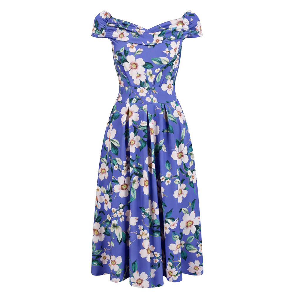 Summer Purple Floral Cap Sleeve Bardot Style 50s Swing Dress