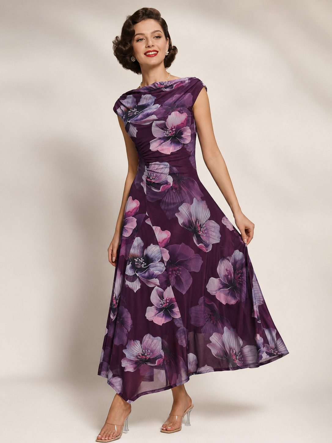 Jolie Moi Purple Floral Cowl Neck Midi Dress – Vintage Inspired Occasion Dress
