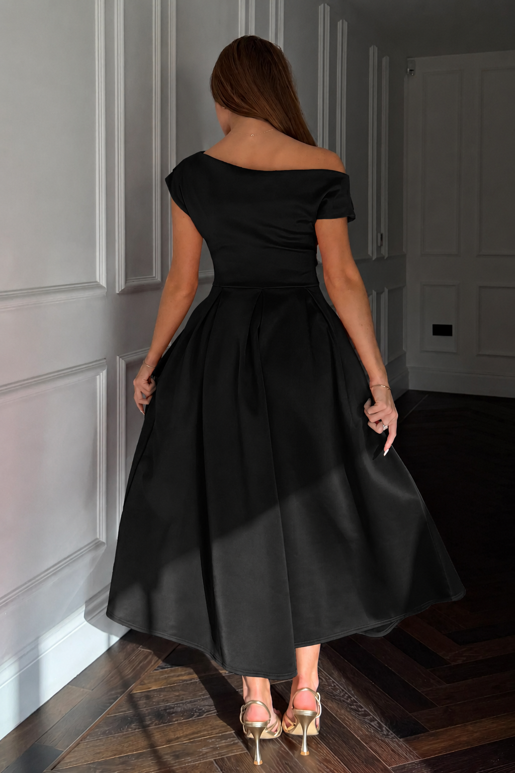 Black Asymmetric Off Shoulder Midi Dress With Pockets