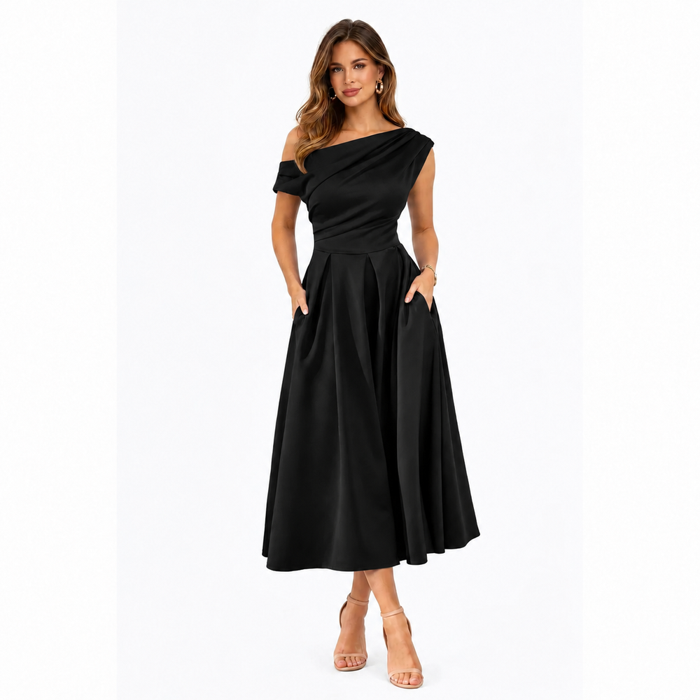 Black Asymmetric Off Shoulder Midi Dress With Pockets