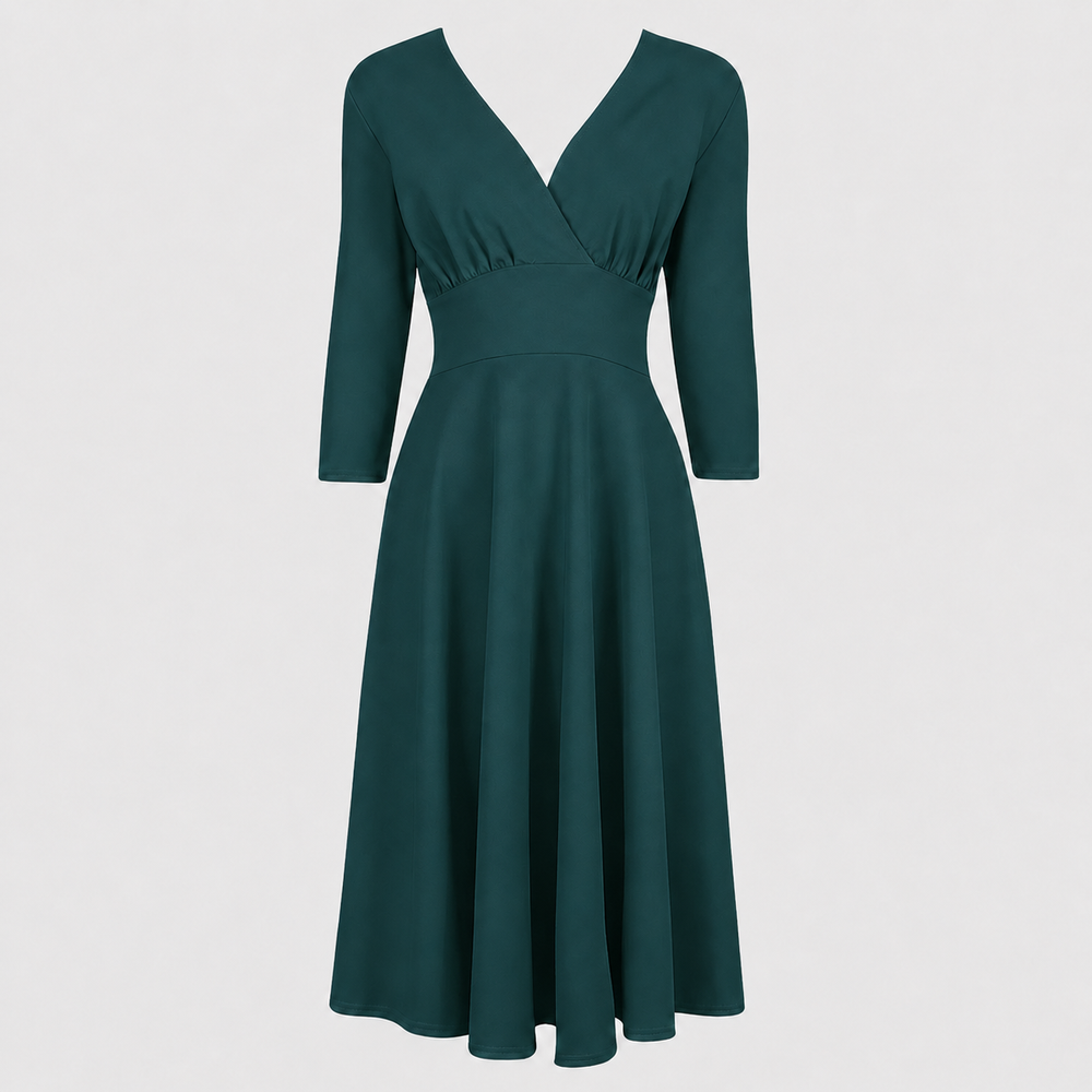 1950s Style Forest Green Vintage A Line Crossover 3/4 Sleeve Tea Swing Dress