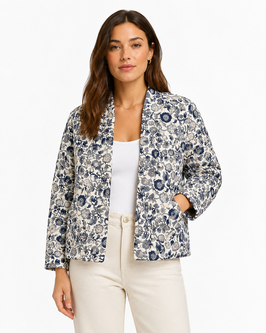 Vintage Blue Floral Quilted Blouson Jacket