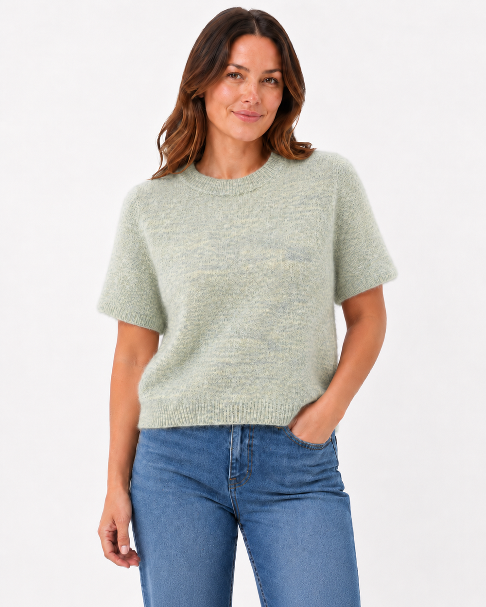 Vintage Sage Green Wool Mix Short Sleeve Knitted Jumper