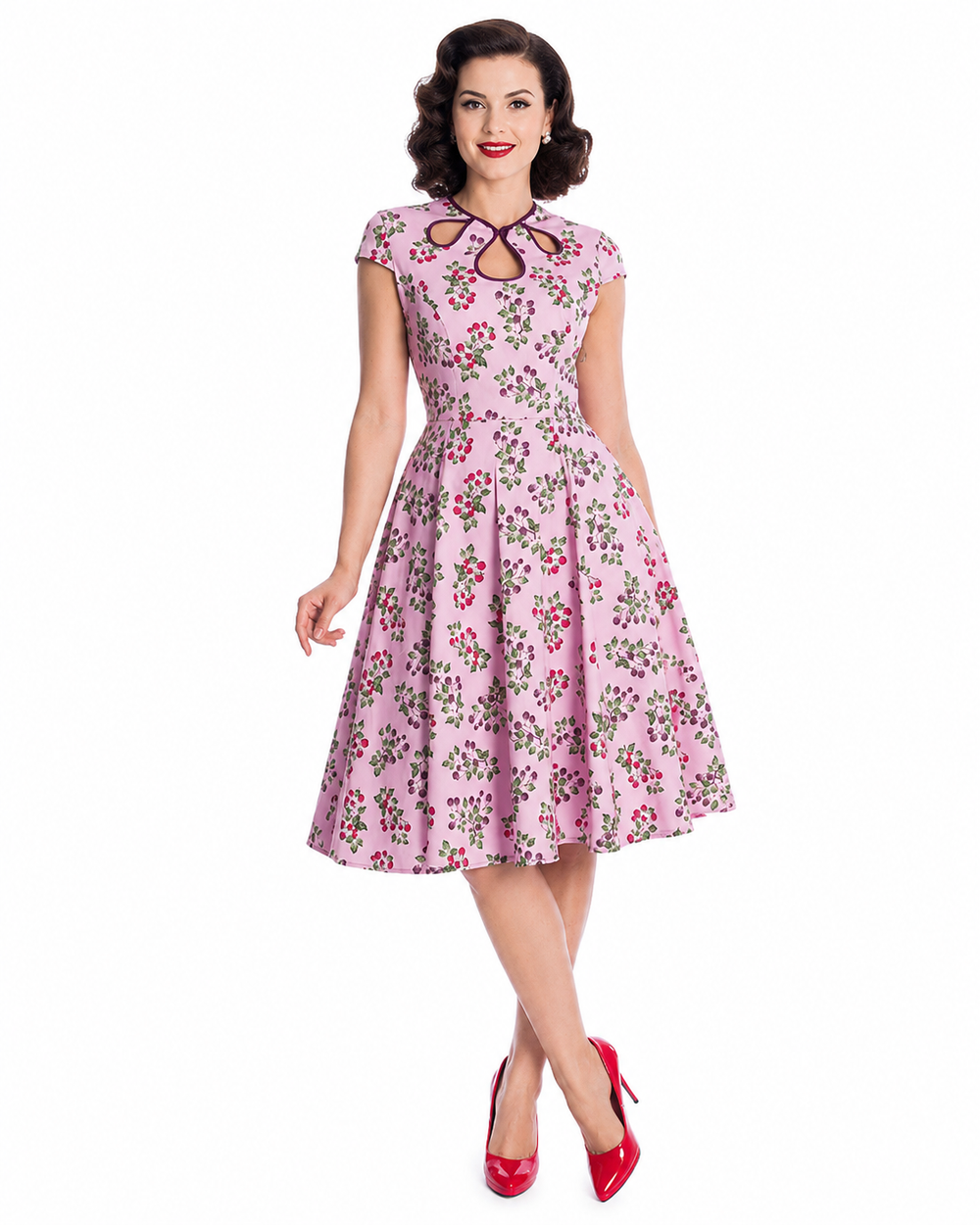Pink Berry Floral 1950s Swing Dress with Keyhole Neckline