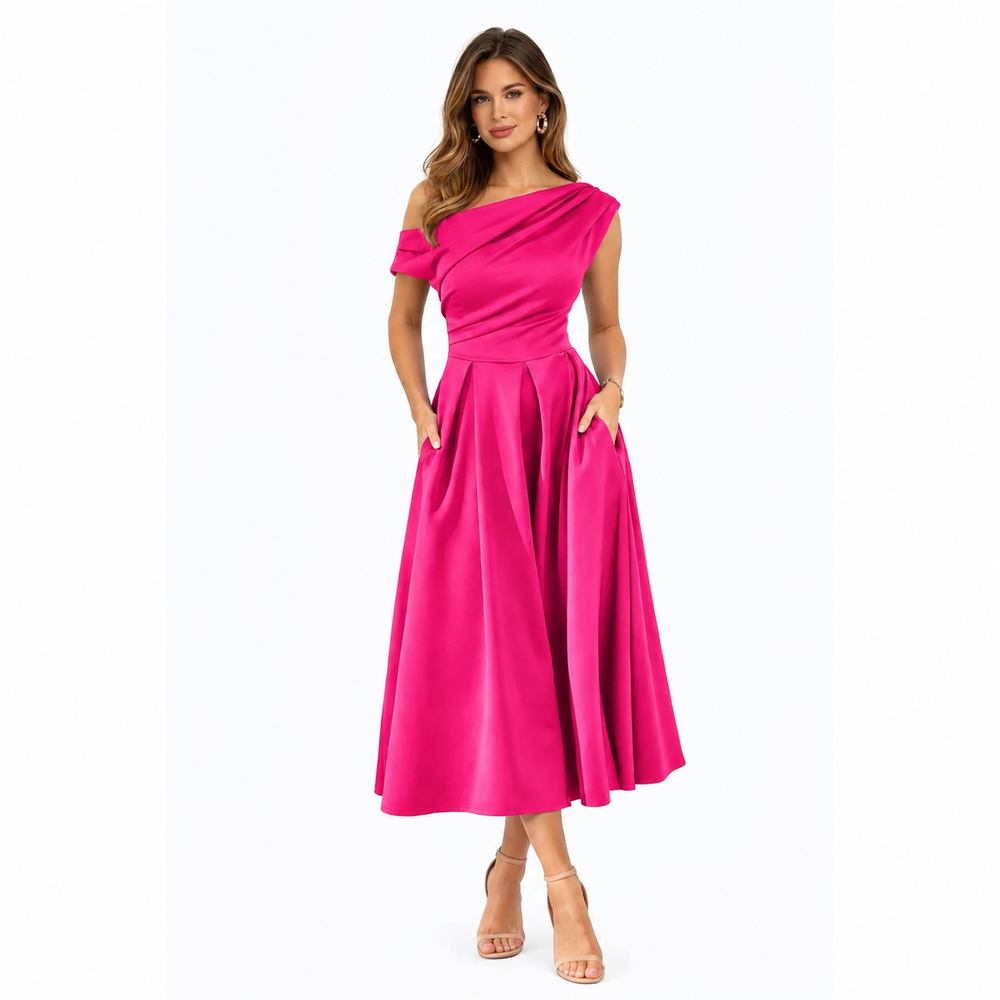 Asymmetric Off Shoulder Hot Pink Midi Dress With Pockets