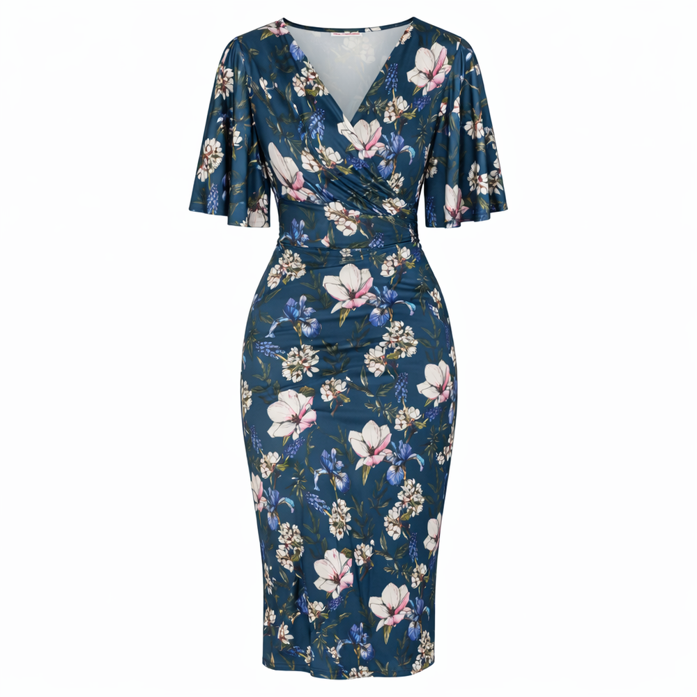 Navy Blue Floral Print Butterfly Sleeve Slinky Pencil Cocktail Dress