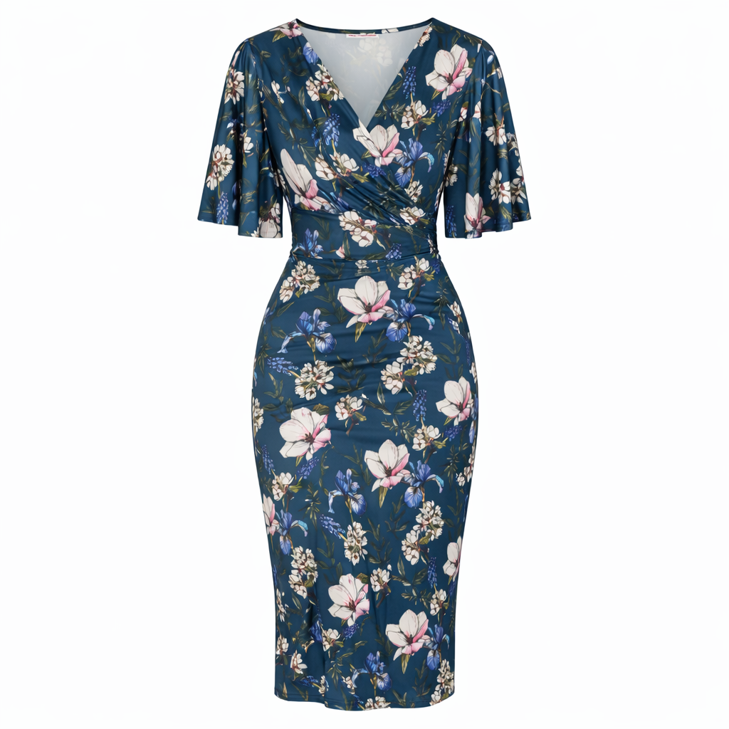 Navy Blue Floral Print Butterfly Sleeve Slinky Pencil Cocktail Dress