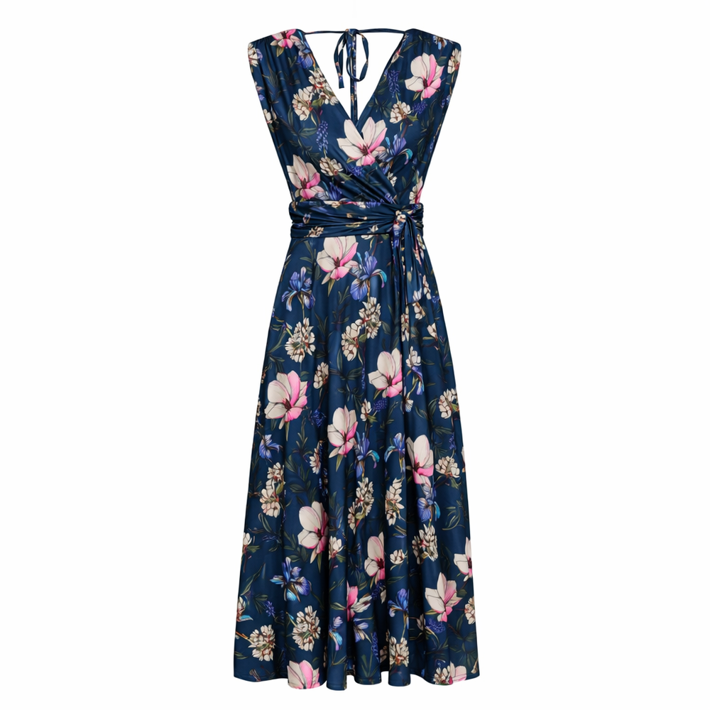 Navy Blue Floral V Neck Crossover Top Empire Waist Swing Dress