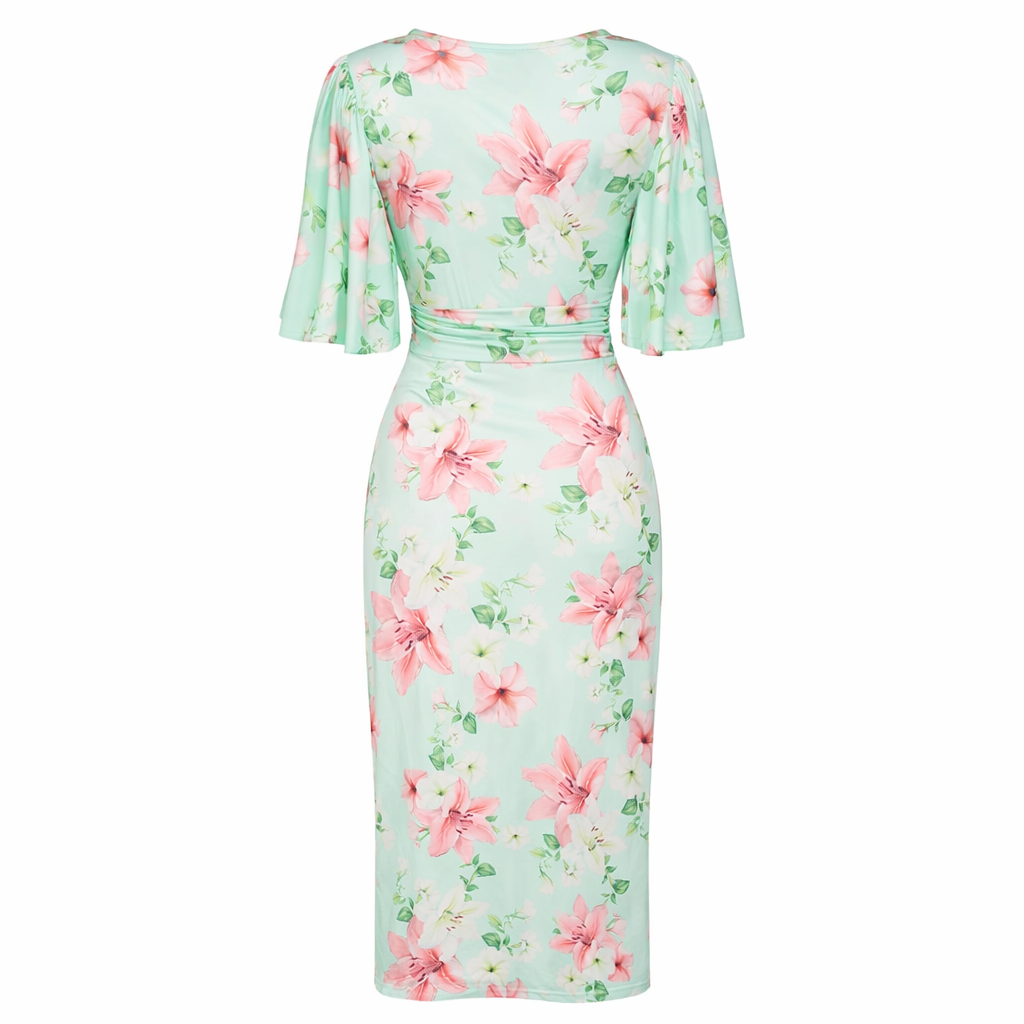 Mint Green Floral Print Butterfly Sleeve Slinky Pencil Cocktail Dress