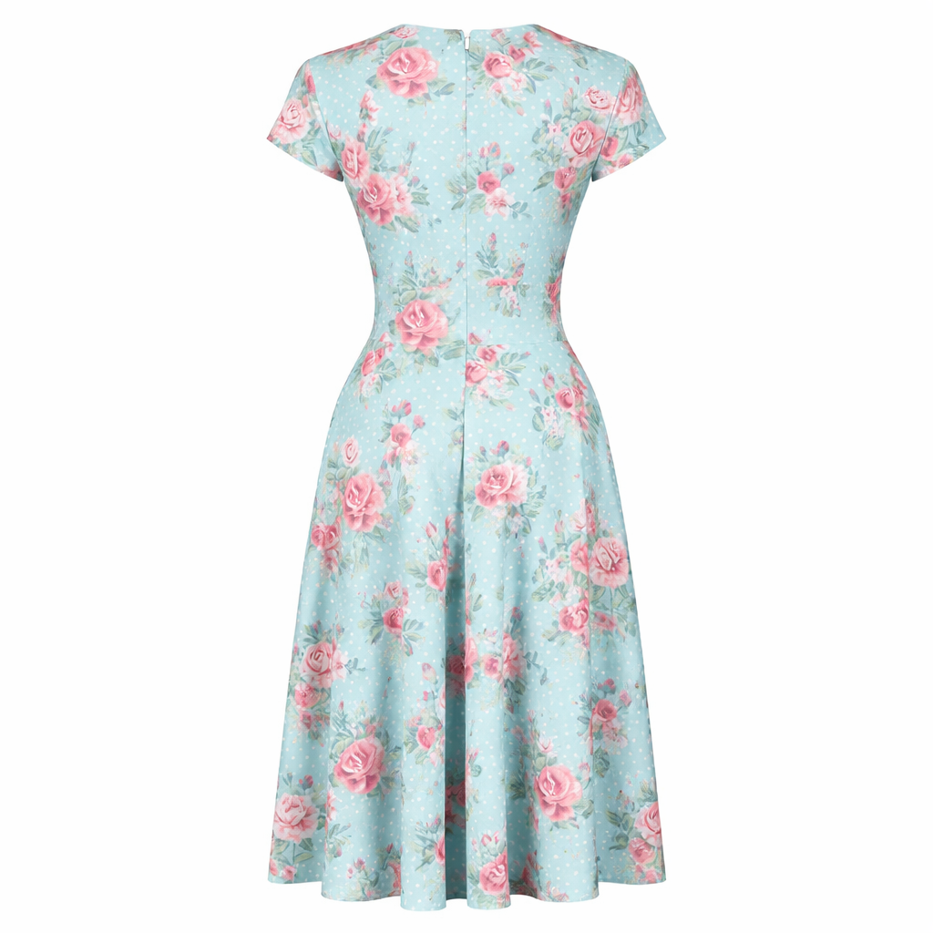 Retro 1950s Light Blue & Pink Floral And Polka Dot Print V Neck Summer Cap Sleeve Tea Dress