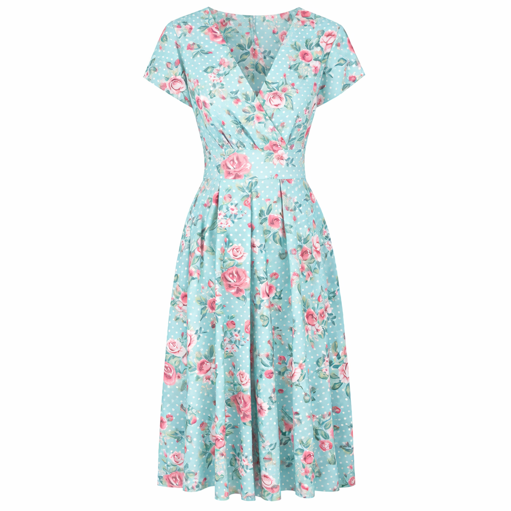 Retro 1950s Light Blue & Pink Floral And Polka Dot Print V Neck Summer Cap Sleeve Tea Dress