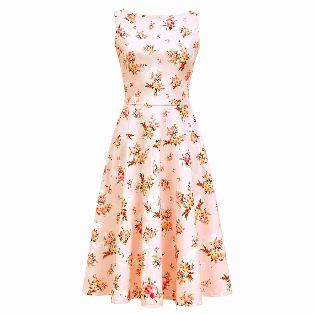 Vintage Pink Floral Audrey Hepburn Style Sleeveless 50s Swing Dress