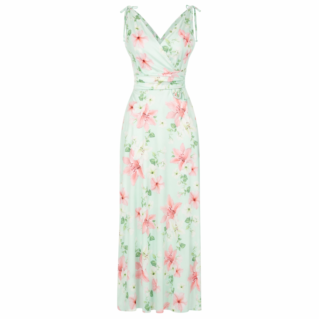 Mint Green Floral Print Slinky Summer Maxi Dress
