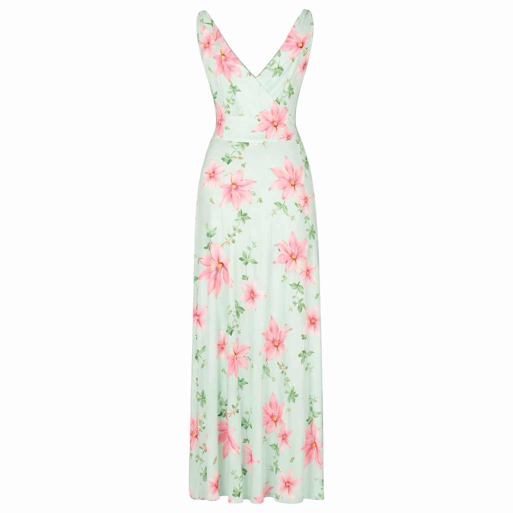 Mint Green Floral Print Slinky Summer Maxi Dress