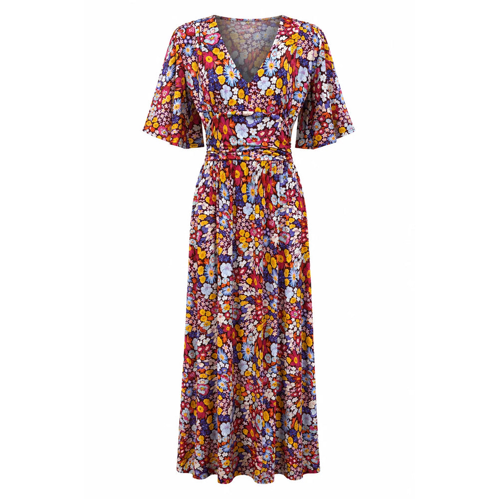 Vintage Burgundy Ditsy Floral Flutter Sleeve Maxi Dress