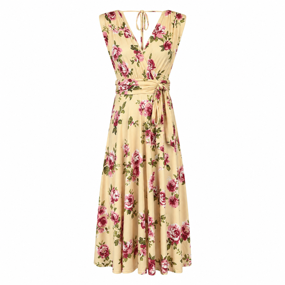 Yellow & Pink Floral Crossover Top Empire Waist 1950s Swing Dress