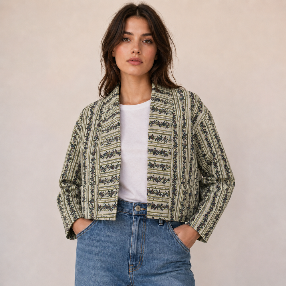 Vintage Green Floral Stripe Blouson Layering Jacket