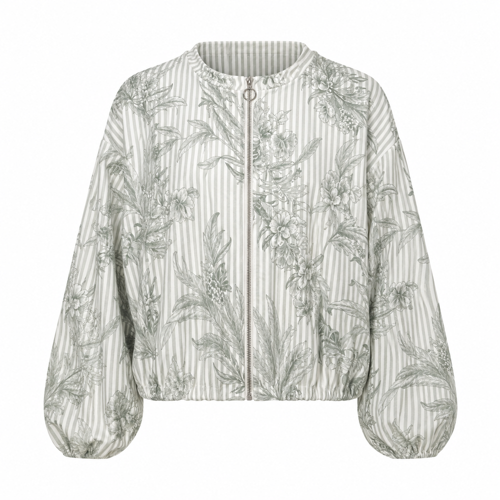Sage Green Floral Stripe Blouson Jacket – One Size Lightweight Bomber Jacket