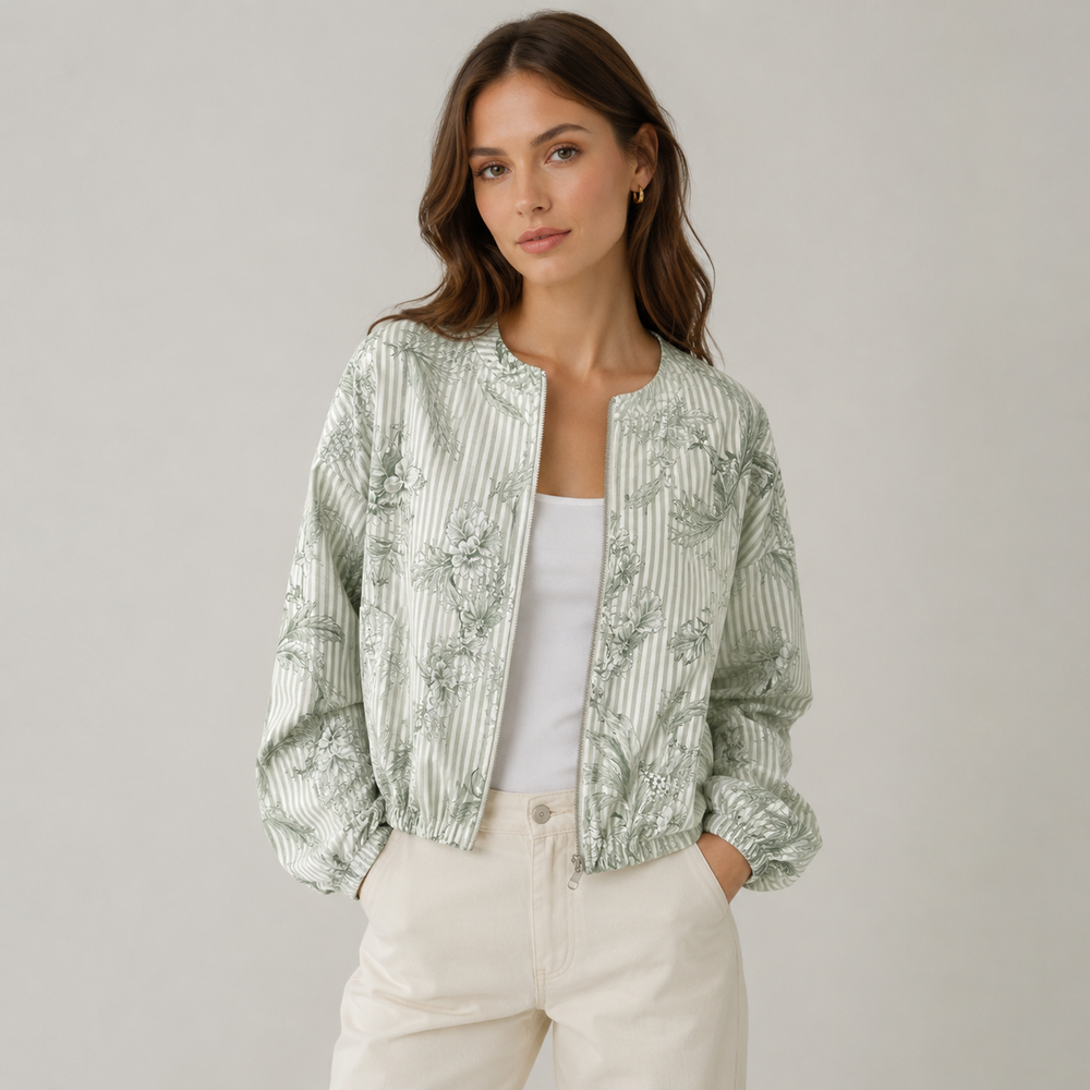 Sage Green Floral Stripe Blouson Jacket – One Size Lightweight Bomber Jacket