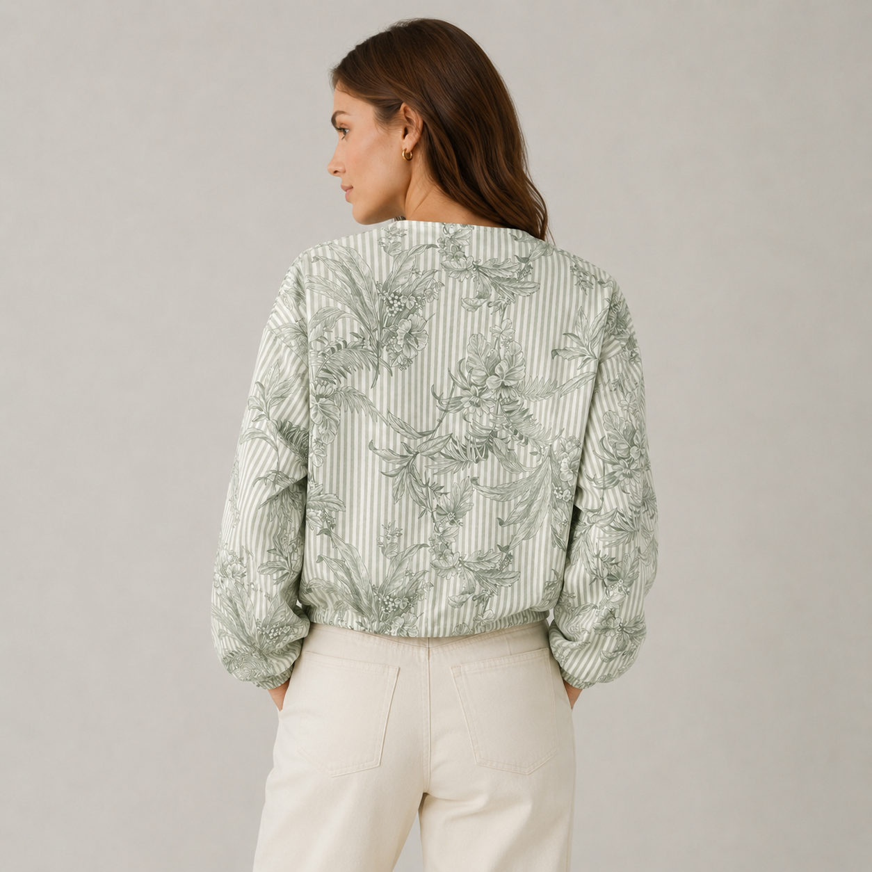 Sage Green Floral Stripe Blouson Jacket – One Size Lightweight Bomber Jacket
