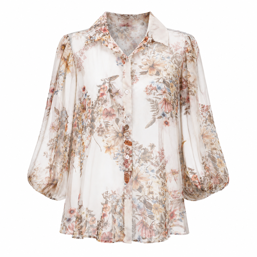 Natural Floral Sheer Chiffon Blouse with Balloon Sleeves