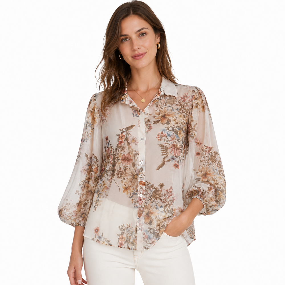 Natural Floral Sheer Chiffon Blouse with Balloon Sleeves