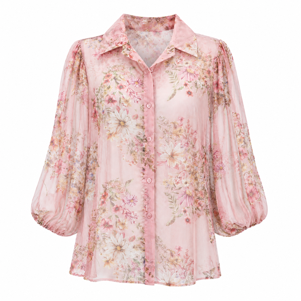 Pink Floral Sheer Chiffon Blouse with Balloon Sleeves