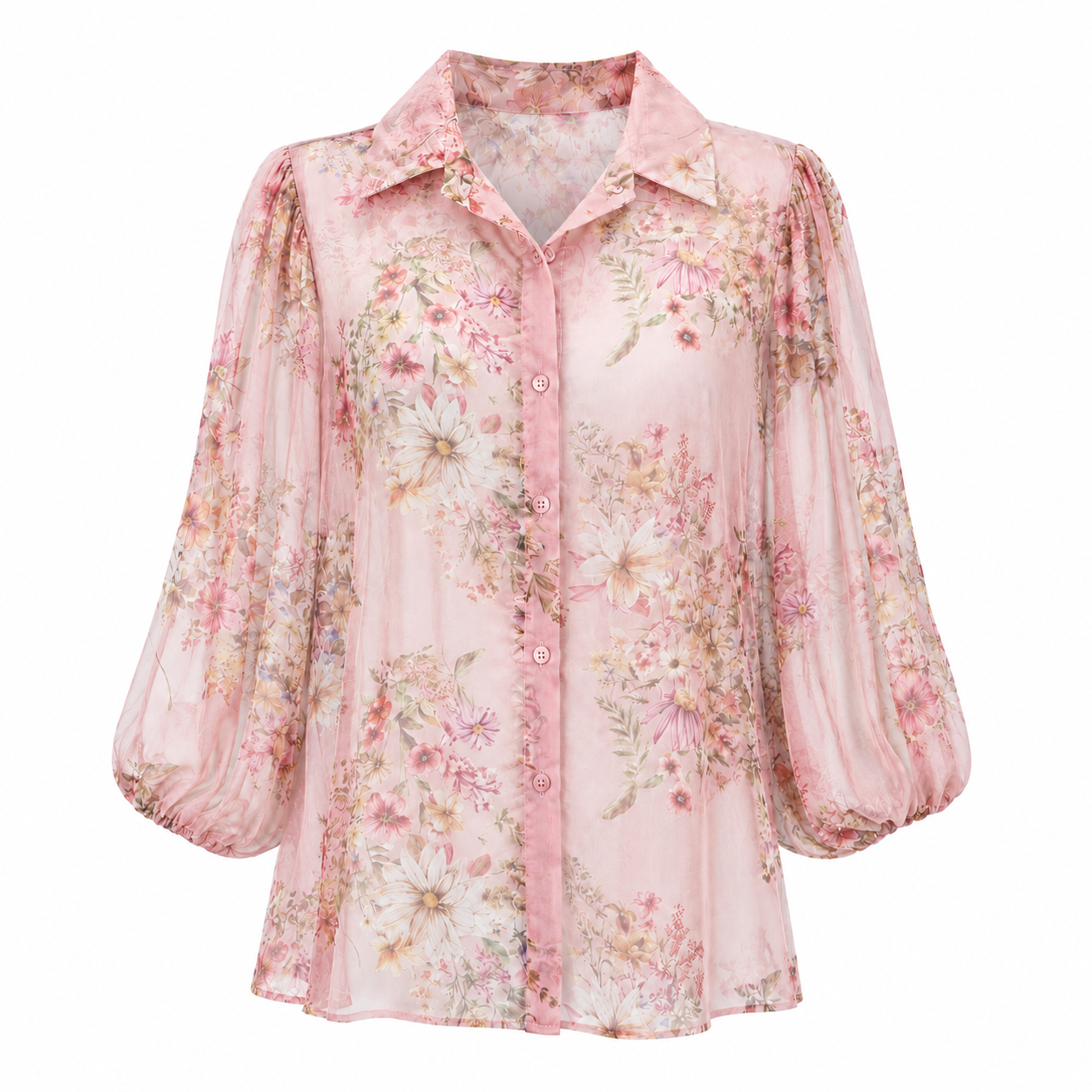 Pink Floral Sheer Chiffon Blouse with Balloon Sleeves