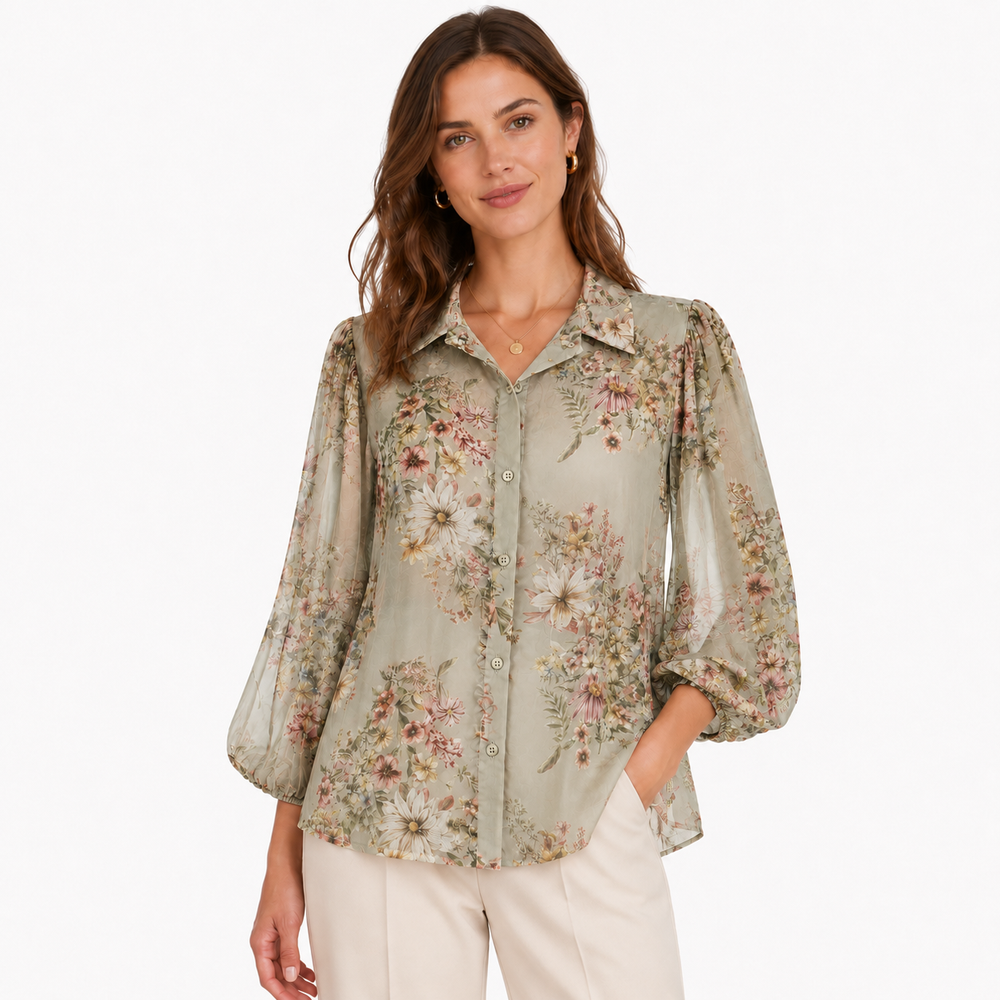 Green Floral Sheer Chiffon Blouse with Balloon Sleeves