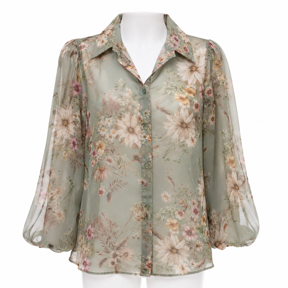 Green Floral Sheer Chiffon Blouse with Balloon Sleeves
